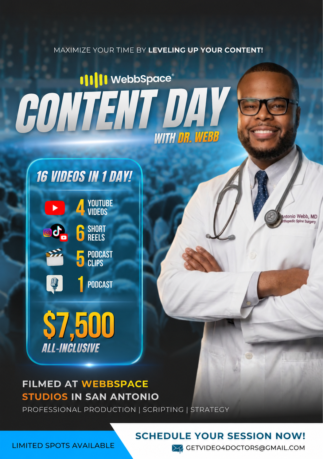 WebbSpace Content Day with Dr. Antonio Webb. Sixteen videos in one day for $7,500.